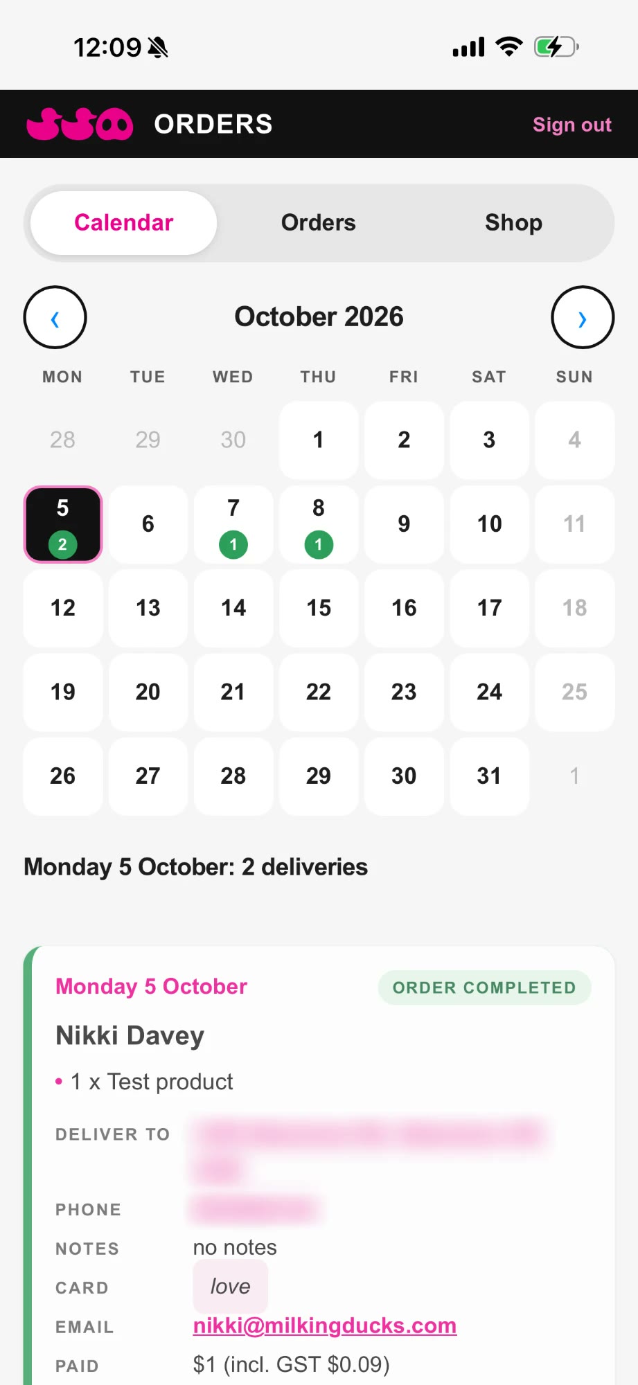 The DDP Orders app showing the delivery calendar