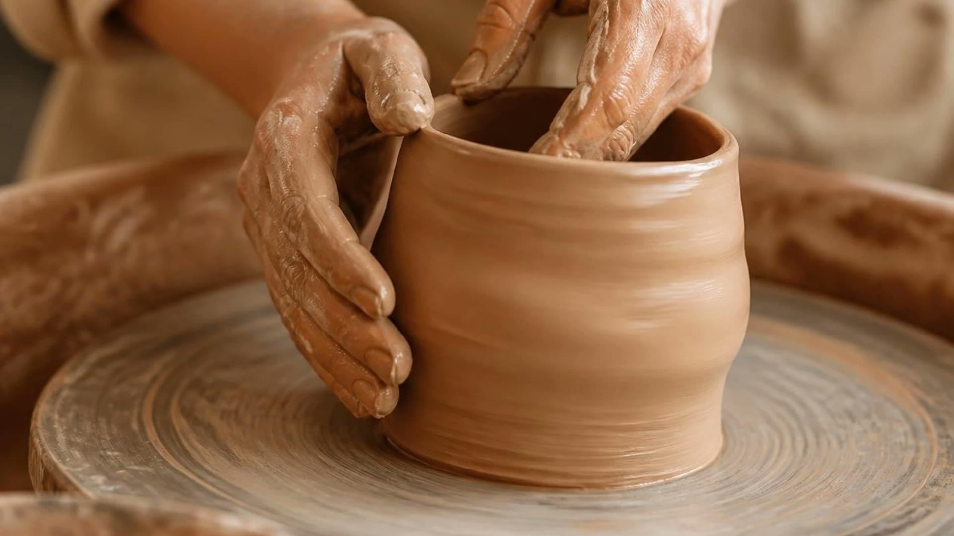 Two clay-covered hands shaping a pot on a pottery wheel