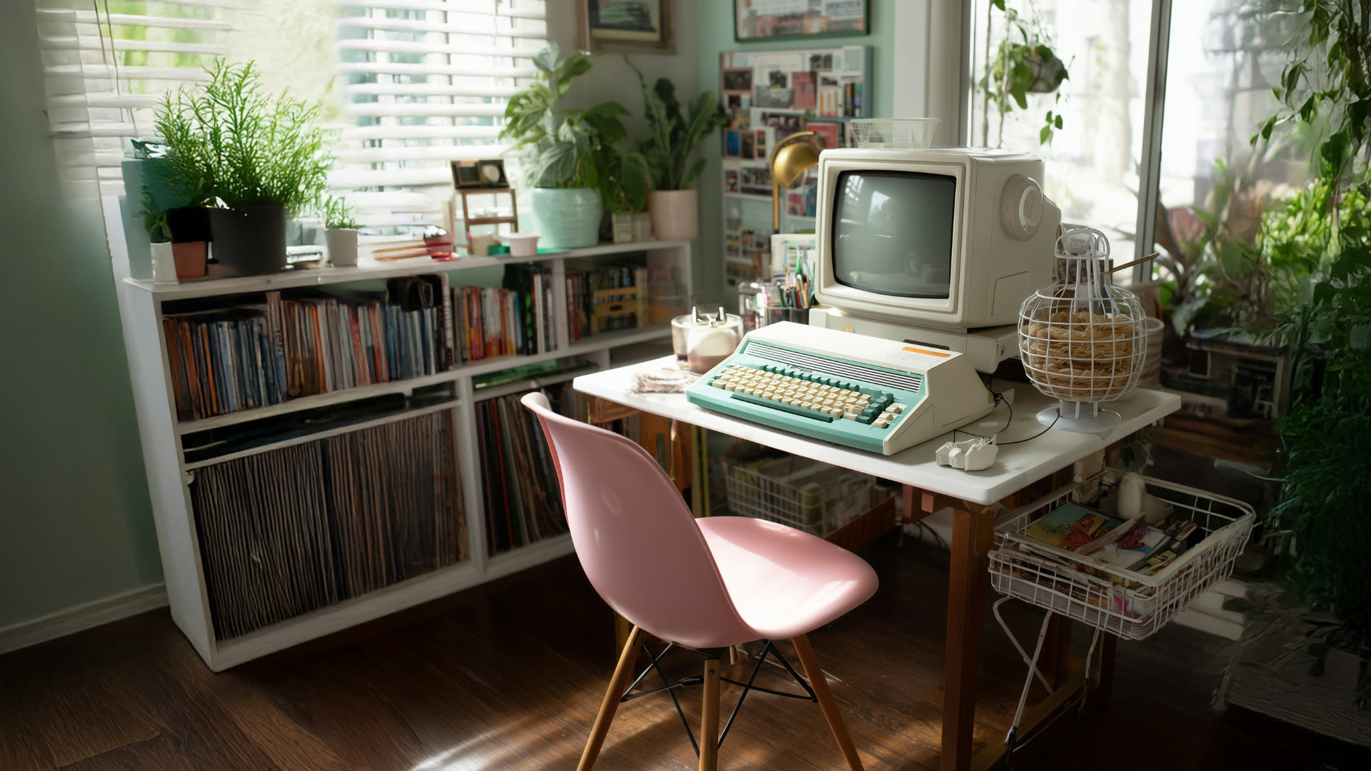 A vintage beige computer with a mint green keyboard on a white desk, with a pink chair, house plants and shelves of records