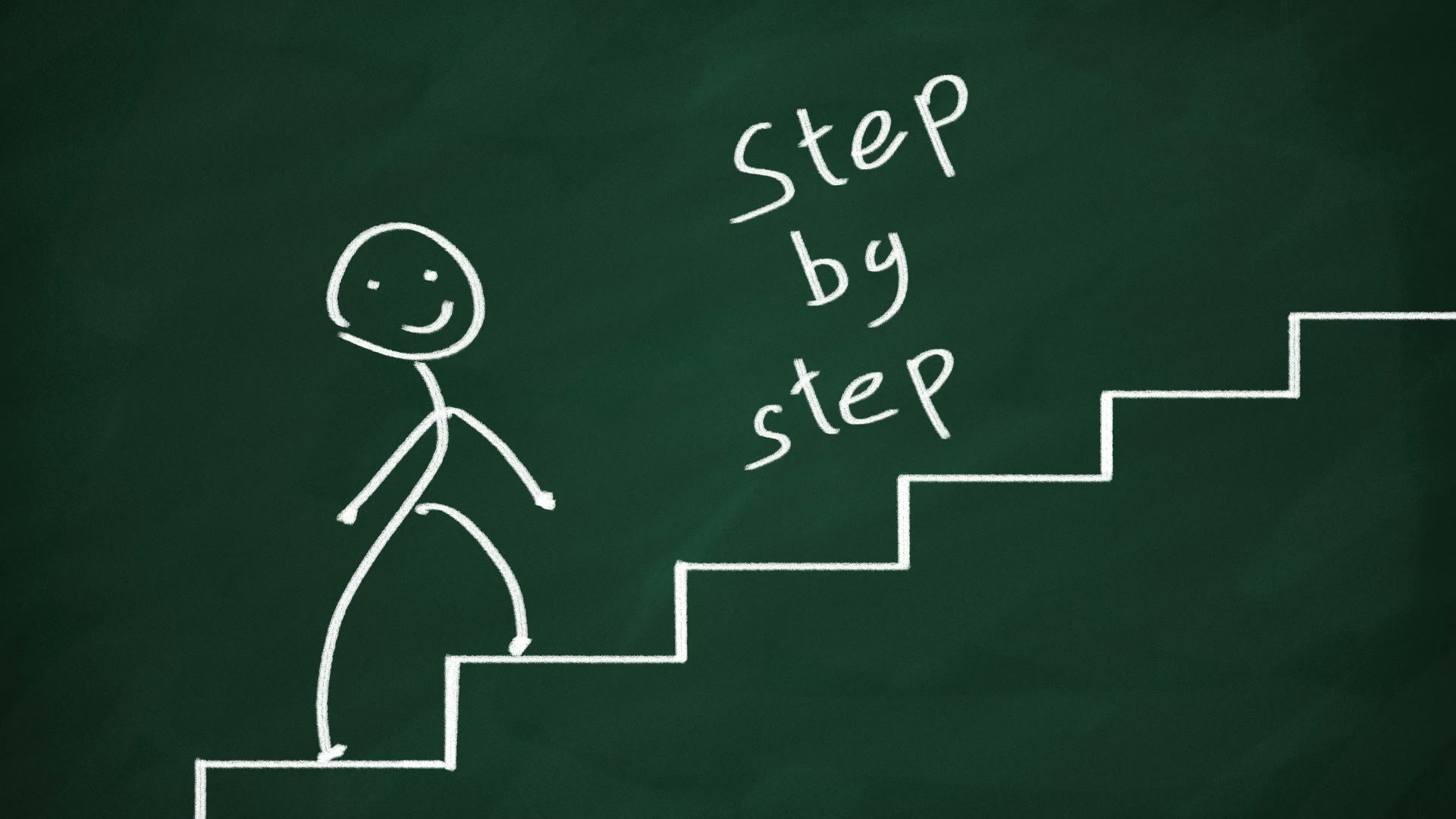 A chalk drawing of a smiling stick figure climbing a staircase, with “step by step” written on the blackboard beside it